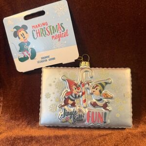 Disney Parks Chip n Dale Jingle Bell Fun Postcard Glass Christmas Ornament NWT